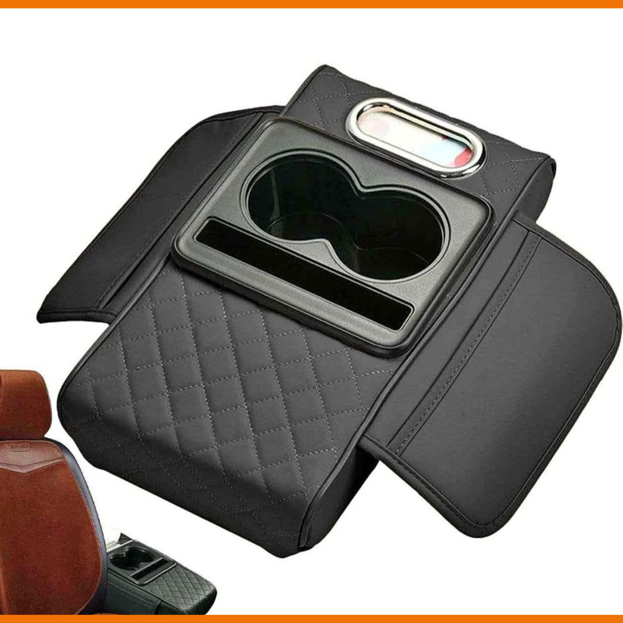Accoudoir Voiture Multifonction 3 en 1 – Rangement, Support Téléphone & Double Porte-Gobelets