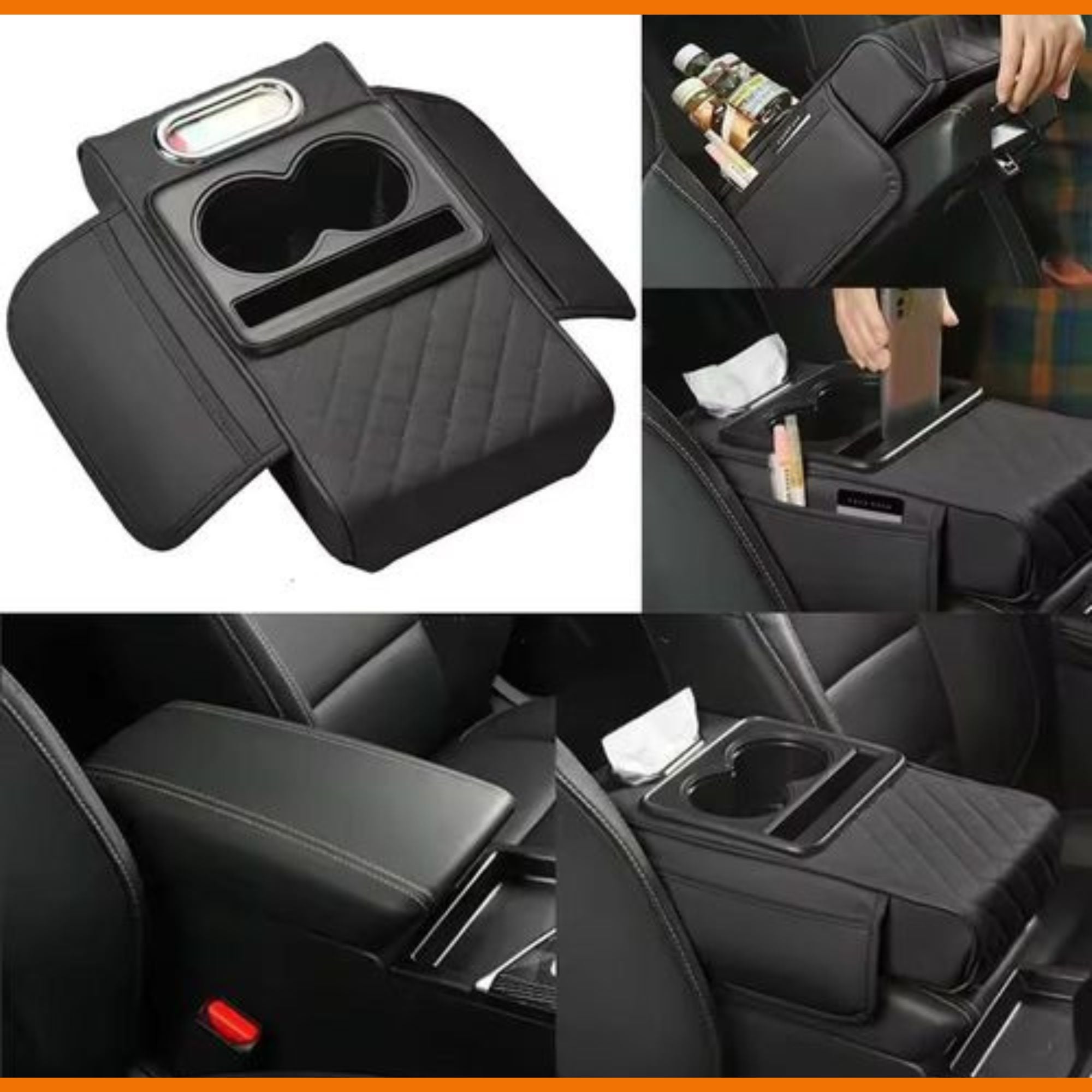 Accoudoir Voiture Multifonction 3 en 1 – Rangement, Support Téléphone & Double Porte-Gobelets