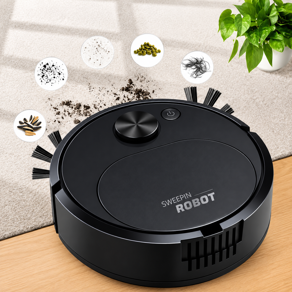 Robot Aspirateur Intelligent Sans Fil – Mini Robot 360° pour Aspiration et Nettoyage des Sols, Poils d’Animaux et Tapis