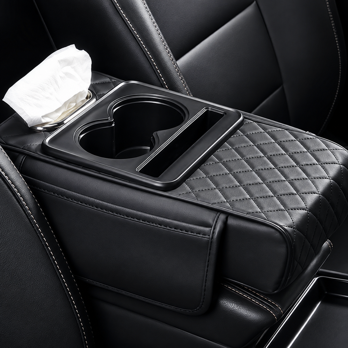 Accoudoir Voiture Multifonction 3 en 1 – Rangement, Support Téléphone & Double Porte-Gobelets