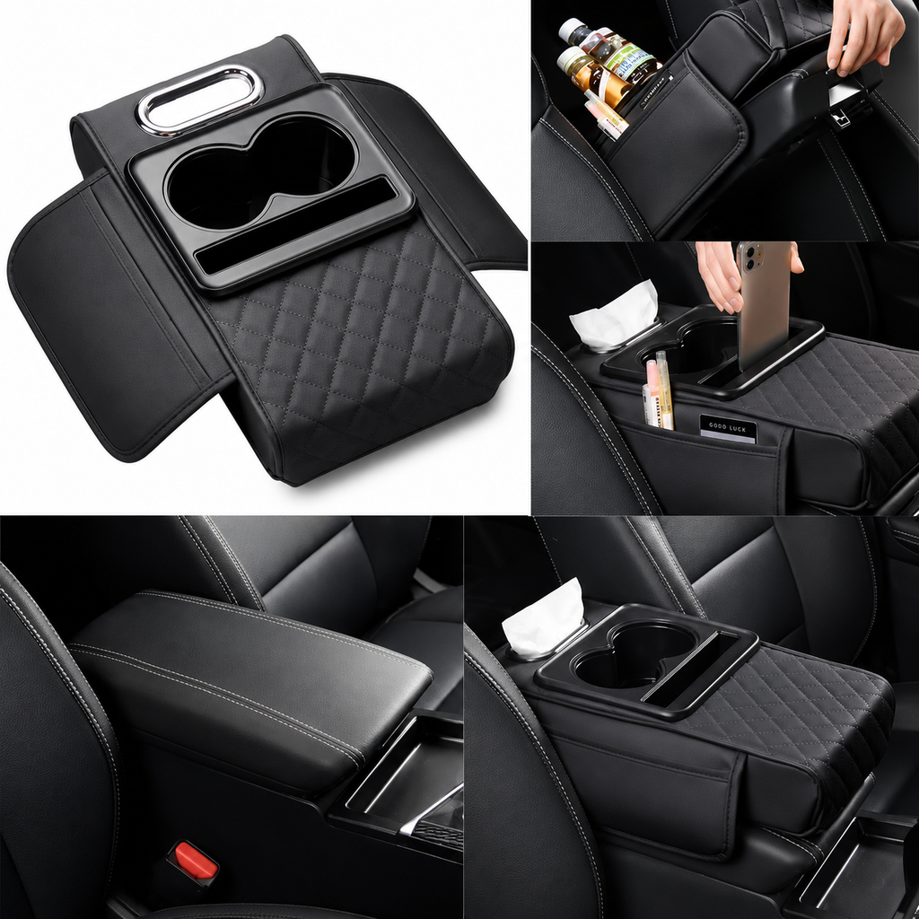 Accoudoir Voiture Multifonction 3 en 1 – Rangement, Support Téléphone & Double Porte-Gobelets