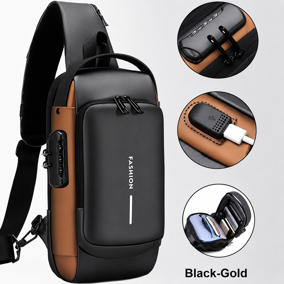 Sac bandoulière étanche avec port USB, sac antivol de voyage, sacoche en bandoulière tendance au design luxueux